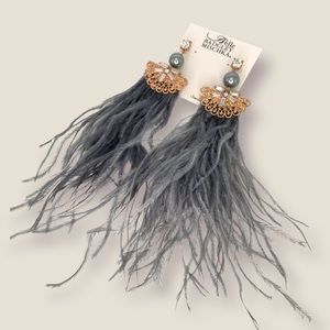 NEW Badgley Mischka Gold Fan Long Grey Feather Shoulder Duster Statement Earring